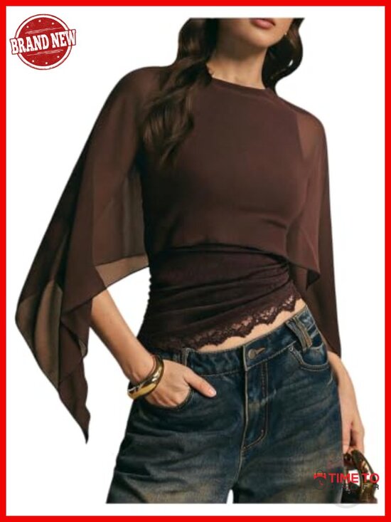 Tops - Women's Sheer Chiffon Asymmetrical Blouse 2-in-1 Layered Mesh Top Long Sleeve